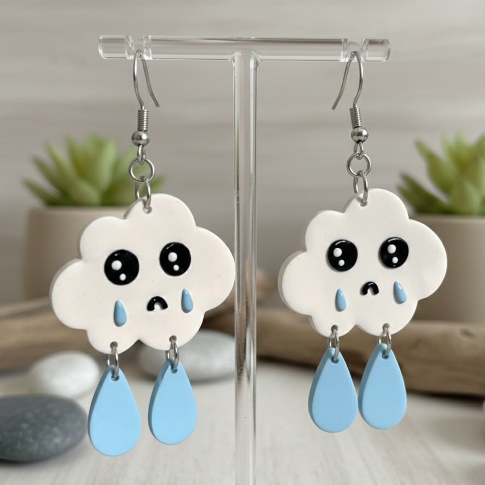 Rainy Day Cloud Dangle — Handmade Earrings — White